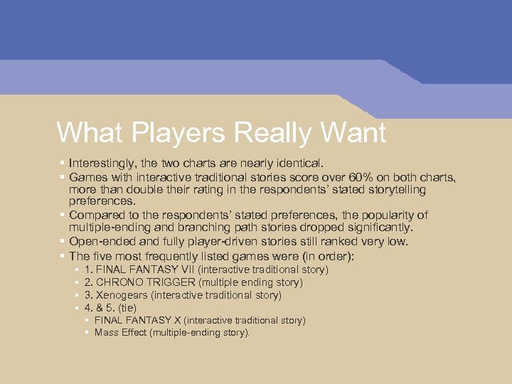 What Players Really Want § Interestingly, the two charts are nearly identical. § Games