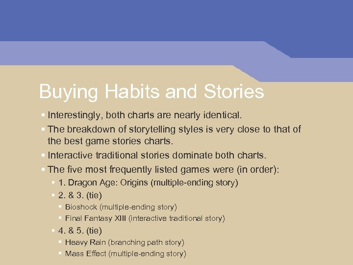 Buying Habits and Stories § Interestingly, both charts are nearly identical. § The breakdown