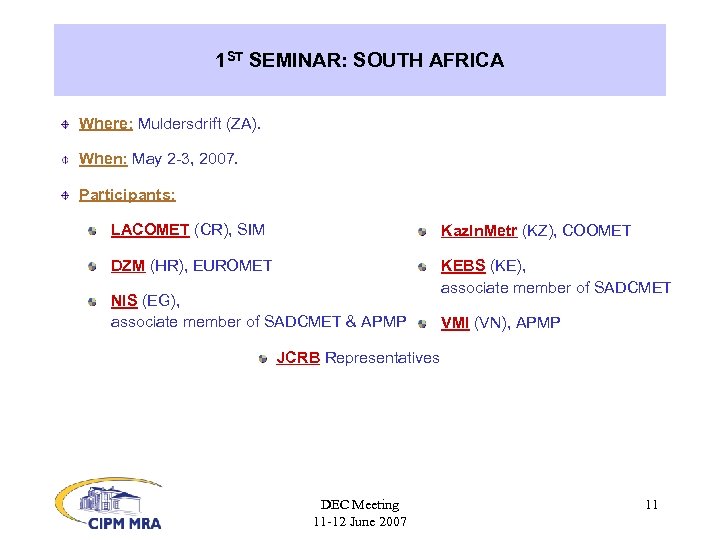 1 ST SEMINAR: SOUTH AFRICA Where: Muldersdrift (ZA). When: May 2 -3, 2007. Participants:
