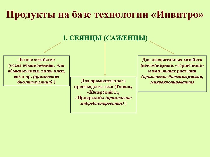 Продукты на базе технологии «Инвитро» 1. СЕЯНЦЫ (САЖЕНЦЫ) Лесное хозяйство (сосна обыкновенная, ель обыкновенная,