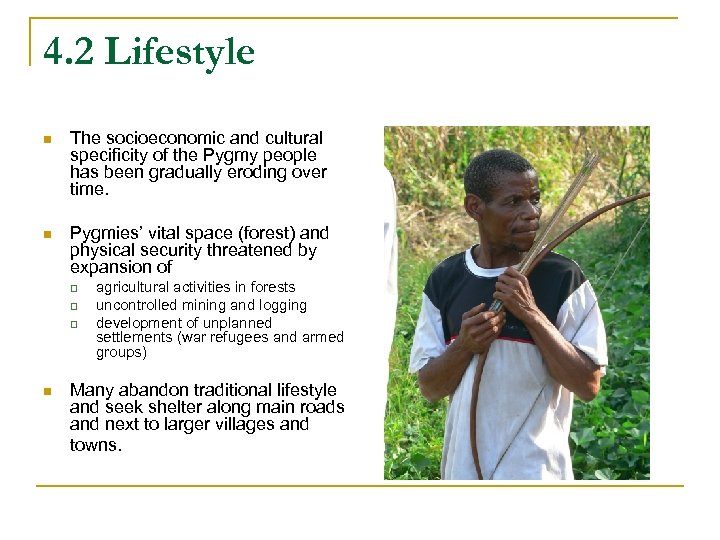 4. 2 Lifestyle n The socioeconomic and cultural specificity of the Pygmy people has