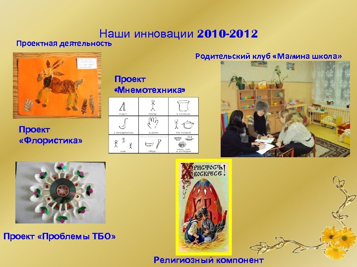 Наши инновации 2010 -2012 Проектная деятельность Родительский клуб «Мамина школа» Проект «Мнемотехника» Проект «Флористика»