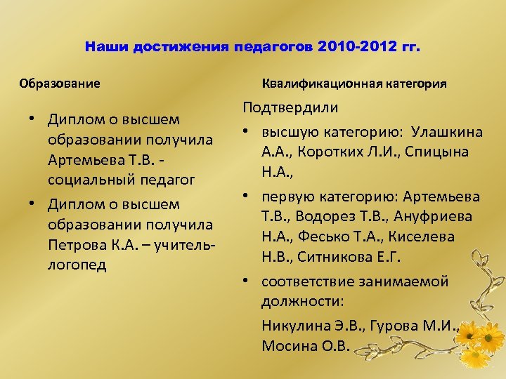 Наши достижения педагогов 2010 -2012 гг. Образование • Диплом о высшем образовании получила Артемьева