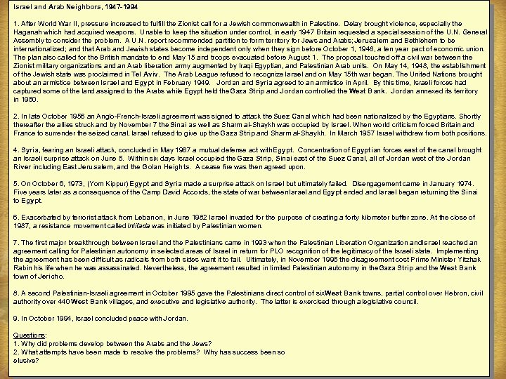 Israel and Arab Neighbors, 1947 -1994 1. After World War II, pressure increased to