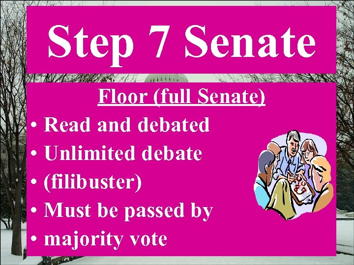 Step 7 Senate Floor (full Senate) • Read and debated • Unlimited debate •