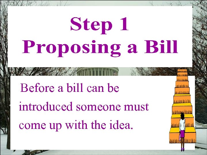 Before a bill can be introduced someone must come up with the idea. 