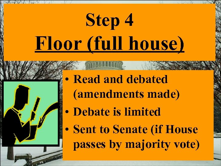 Step 4 Floor (full house) • Read and debated (amendments made) • Debate is