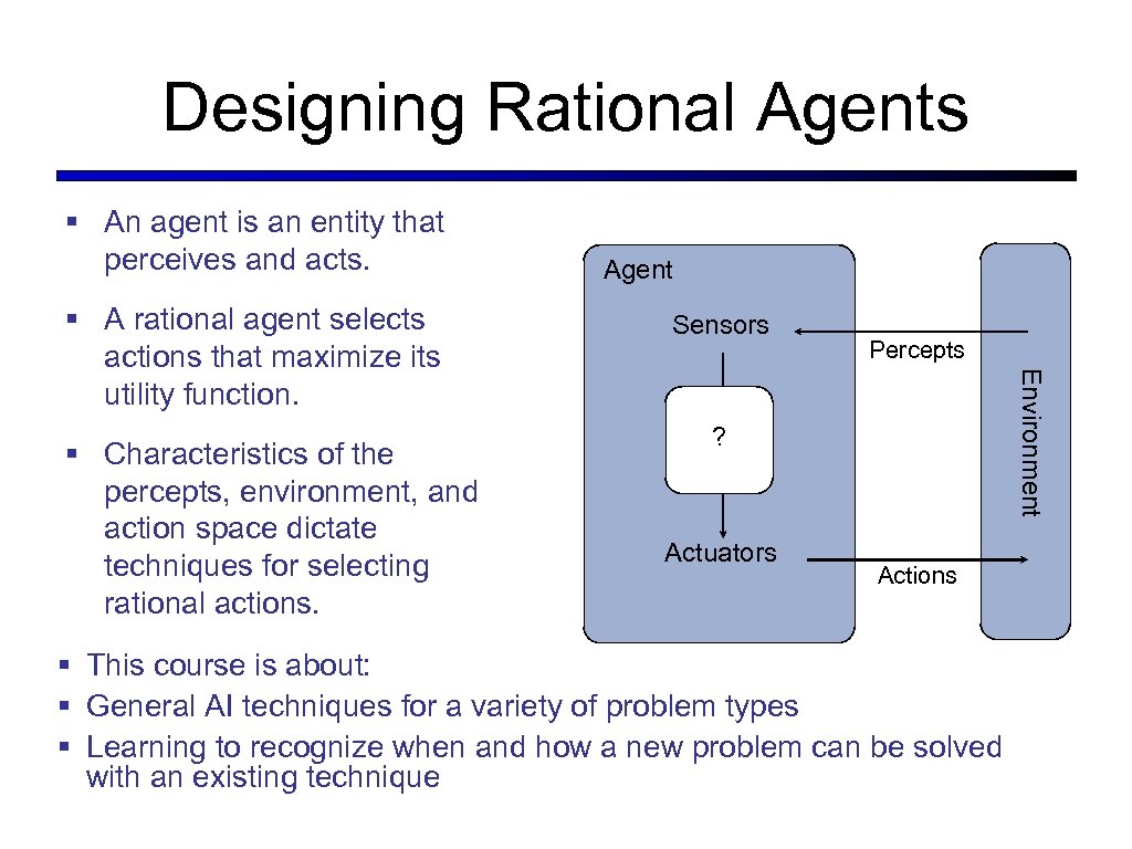Designing Rational Agents § An agent is an entity that perceives and acts. §