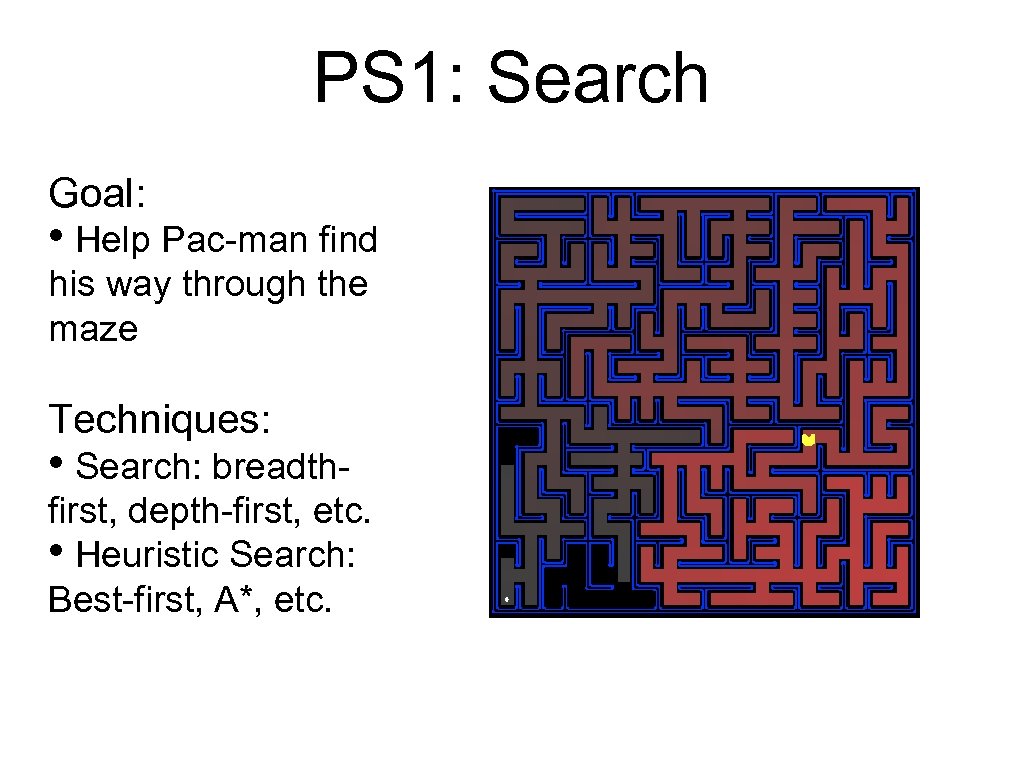 PS 1: Search Goal: • Help Pac-man find his way through the maze Techniques: