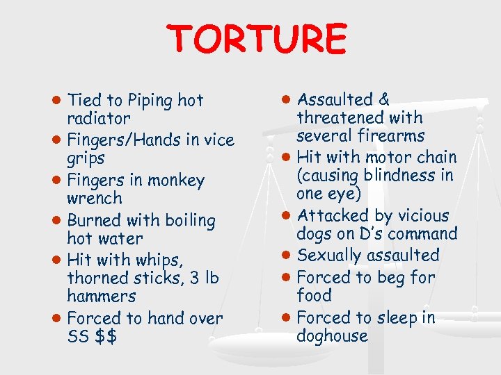 TORTURE l Tied to Piping hot radiator l Fingers/Hands in vice grips l Fingers