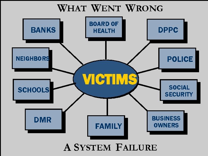 WHAT WENT WRONG BANKS BOARD OF HEALTH DPPC POLICE NEIGHBORS SCHOOLS DMR VICTIMS FAMILY