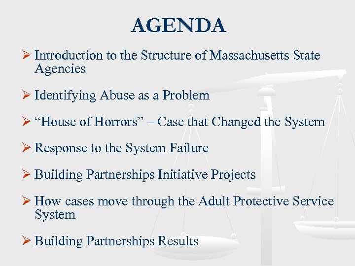 AGENDA Ø Introduction to the Structure of Massachusetts State Agencies Ø Identifying Abuse as