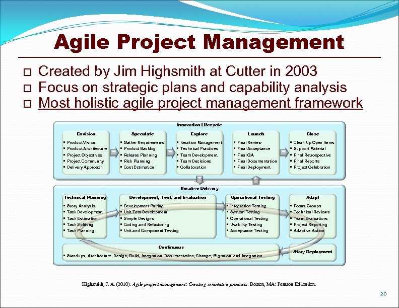 Agile Project Management o o o Created by Jim Highsmith at Cutter in 2003