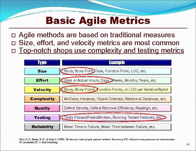 Basic Agile Metrics o o o Agile methods are based on traditional measures Size,