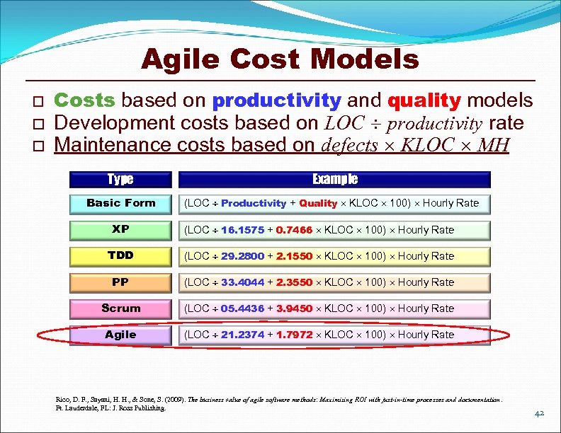 Agile Cost Models o o o Costs based on productivity and quality models Development