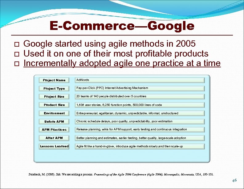 E-Commerce—Google o o o Google started using agile methods in 2005 Used it on