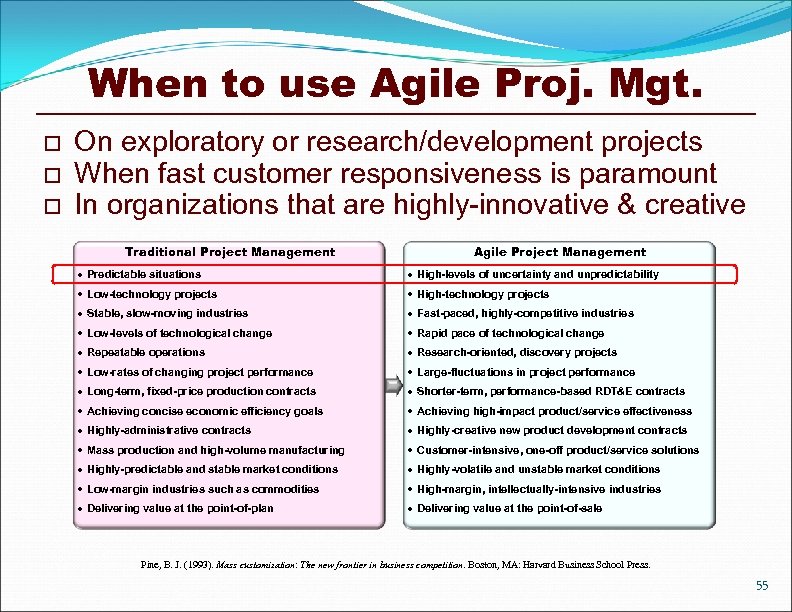 When to use Agile Proj. Mgt. o o o On exploratory or research/development projects