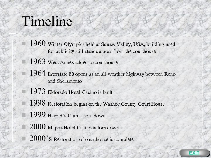 Timeline n 1960 Winter Olympics held at Squaw Valley, USA, building used for publicity
