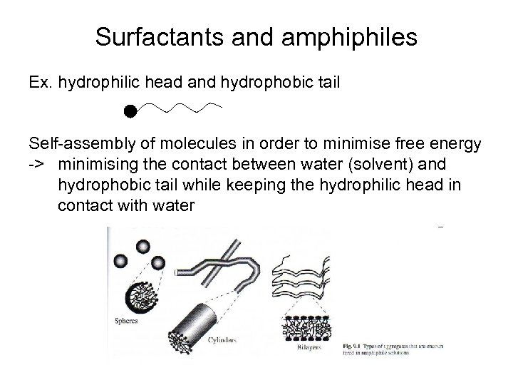 Surfactants and amphiphiles Ex. hydrophilic head and hydrophobic tail Self-assembly of molecules in order