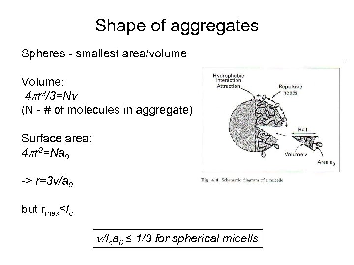 Shape of aggregates Spheres - smallest area/volume Volume: 4 pr 3/3=Nv (N - #