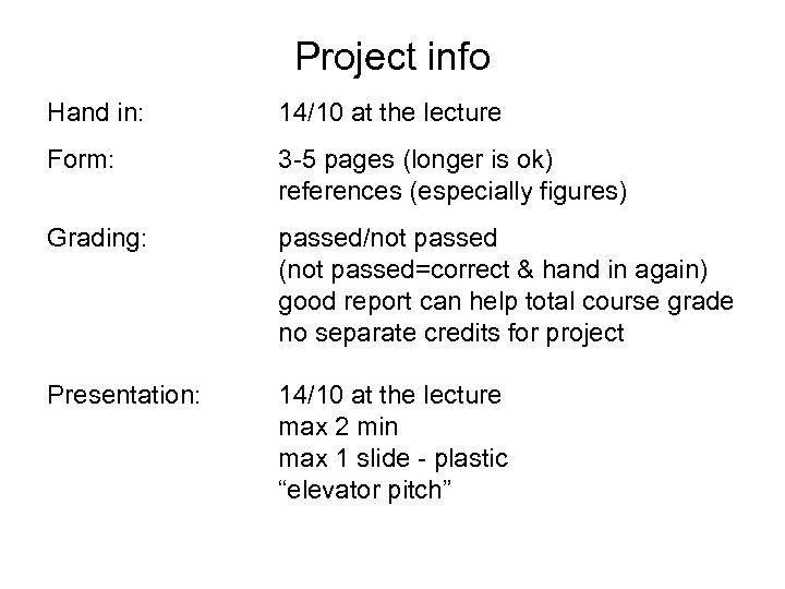 Project info Hand in: 14/10 at the lecture Form: 3 -5 pages (longer is