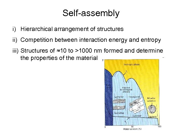 Self-assembly i) Hierarchical arrangement of structures ii) Competition between interaction energy and entropy iii)