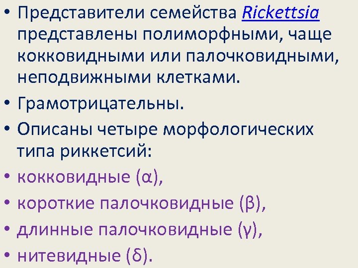  • Представители семейства Rickettsia представлены полиморфными, чаще кокковидными или палочковидными, неподвижными клетками. •