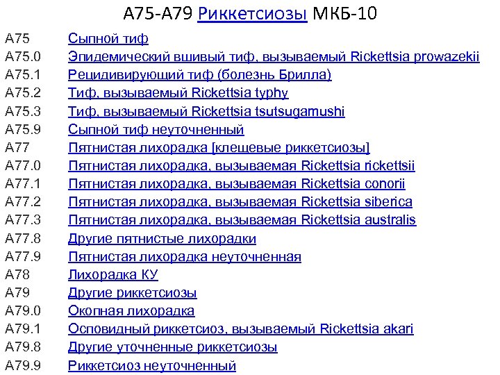 A 75 -A 79 Риккетсиозы МКБ-10 A 75. 1 A 75. 2 A 75.