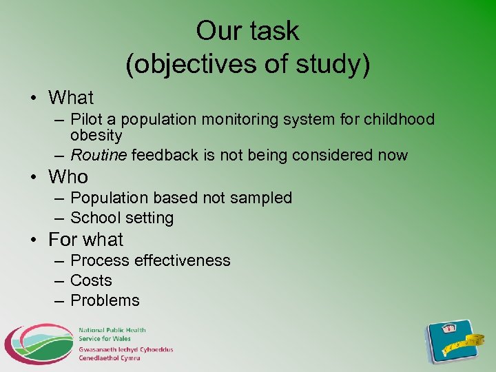 Our task (objectives of study) • What – Pilot a population monitoring system for