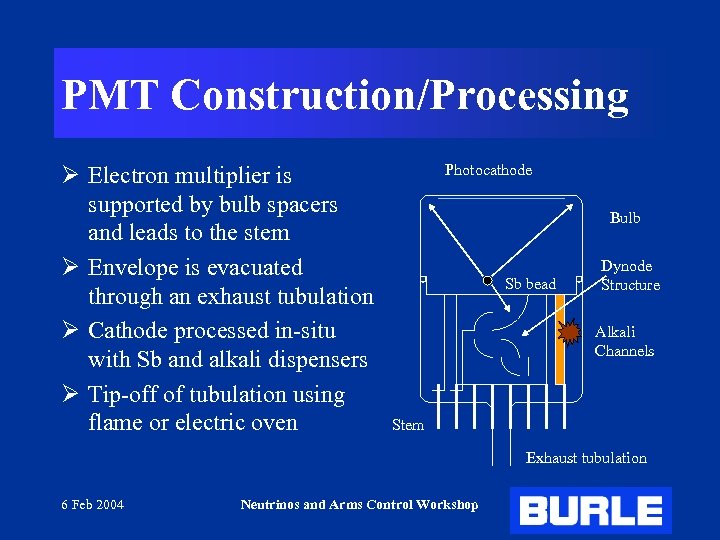 PMT Construction/Processing Ø Electron multiplier is supported by bulb spacers and leads to the