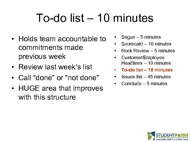 To-do list – 10 minutes • Holds team accountable to commitments made previous week