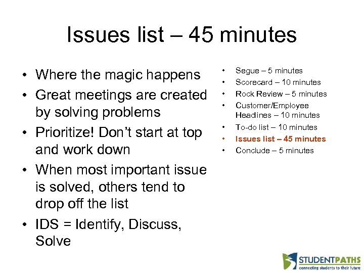 Issues list – 45 minutes • Where the magic happens • Great meetings are