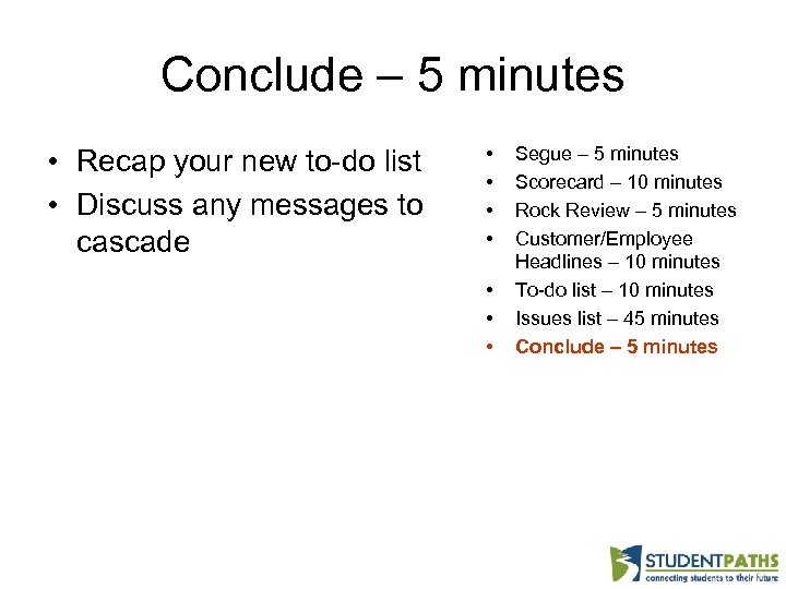 Conclude – 5 minutes • Recap your new to-do list • Discuss any messages