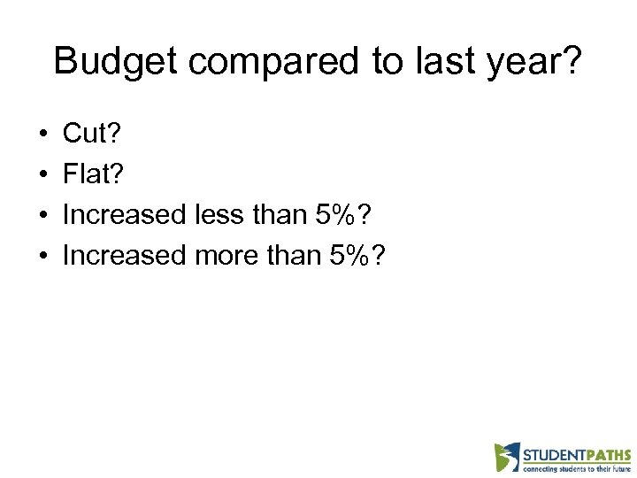 Budget compared to last year? • • Cut? Flat? Increased less than 5%? Increased