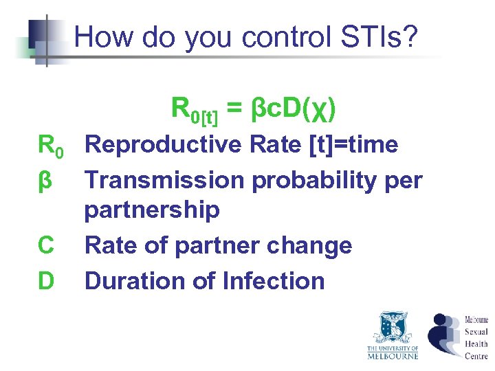 How do you control STIs? R 0[t] = βc. D(χ) R 0 Reproductive Rate