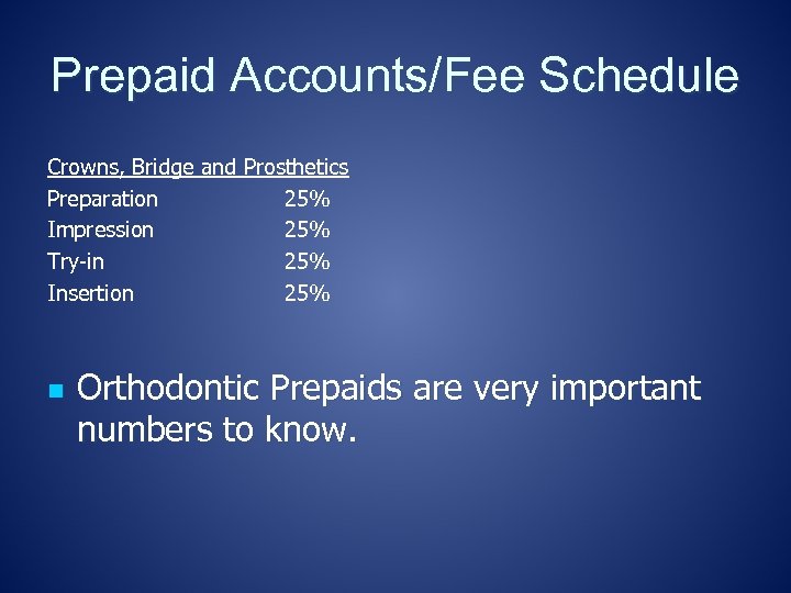 Prepaid Accounts/Fee Schedule Crowns, Bridge and Prosthetics Preparation 25% Impression 25% Try-in 25% Insertion