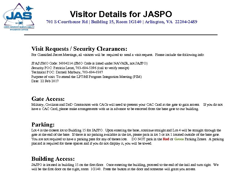 Visitor Details for JASPO 701 S Courthouse Rd | Building 15, Room 1 G