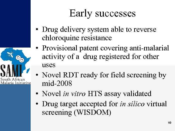 Early successes • Drug delivery system able to reverse chloroquine resistance • Provisional patent