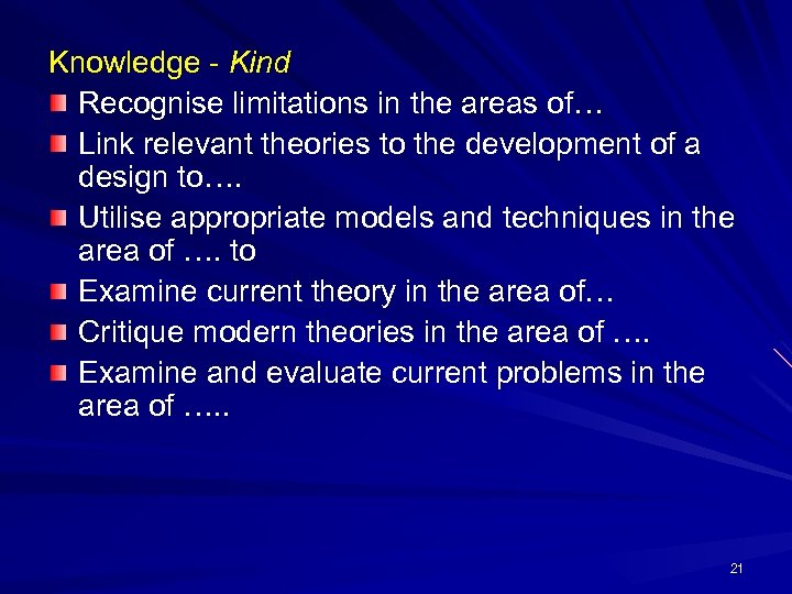 Knowledge - Kind Recognise limitations in the areas of… Link relevant theories to the