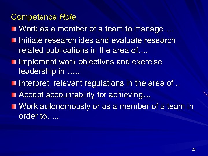 Competence Role Work as a member of a team to manage…. Initiate research ides