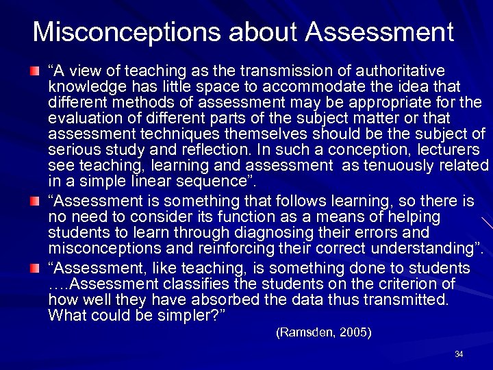 Misconceptions about Assessment “A view of teaching as the transmission of authoritative knowledge has