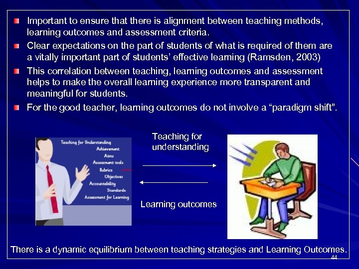 Important to ensure that there is alignment between teaching methods, learning outcomes and assessment