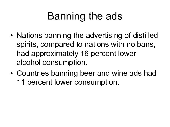 Banning the ads • Nations banning the advertising of distilled spirits, compared to nations
