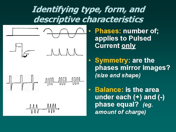 Identifying type, form, and descriptive characteristics • Phases: number of; applies to Pulsed Current