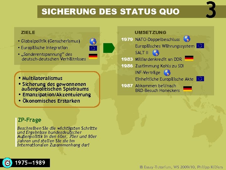 SICHERUNG DES STATUS QUO ZIELE Globalpolitik (Genscherismus) Europäische Integration „Sonderentspannung” des deutsch-deutschen Verhältnisses Multilateralismus