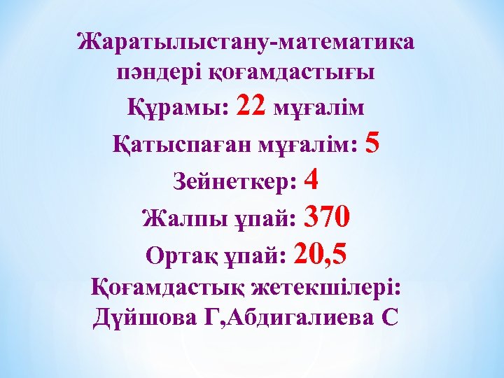 Жаратылыстану-математика пәндері қоғамдастығы Құрамы: 22 мұғалім Қатыспаған мұғалім: 5 Зейнеткер: 4 Жалпы ұпай: 370