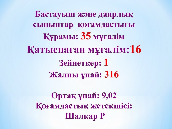 Бастауыш және даярлық сыныптар қоғамдастығы Құрамы: 35 мұғалім Қатыспаған мұғалім: 16 Зейнеткер: 1 Жалпы
