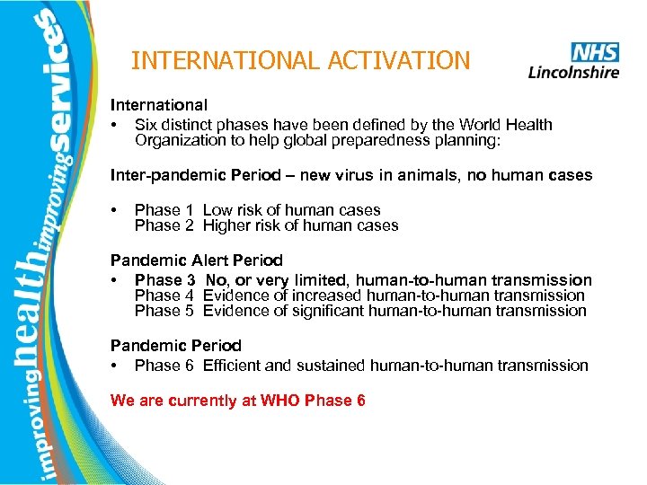 INTERNATIONAL ACTIVATION International • Six distinct phases have been defined by the World Health