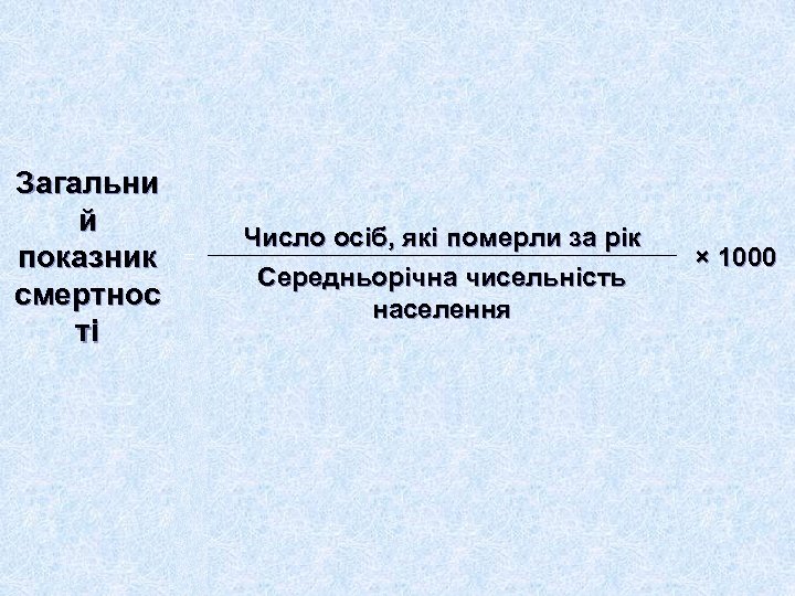 Загальни й показник смертнос ті = Число осіб, які померли за рік Середньорічна чисельність