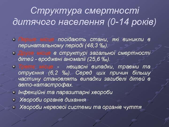Структура смертності дитячого населення (0 14 років) Перше місце посідають стани, які виникли в